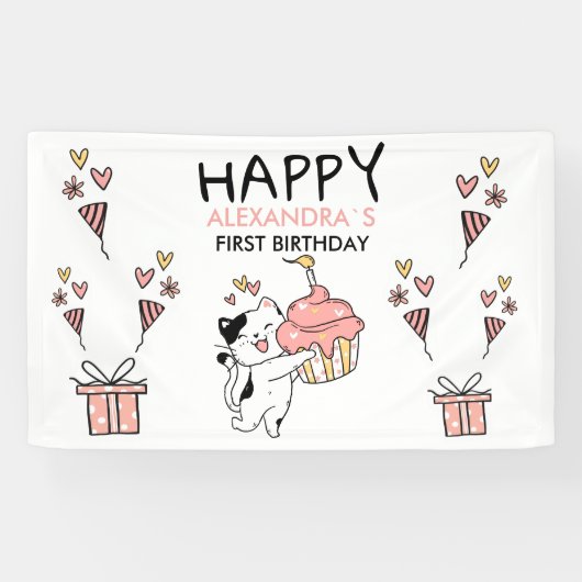愛らしい猫をテーマにしたファースト・ガール誕生日 横断幕 (横)