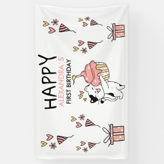 愛らしい猫をテーマにしたファースト・ガール誕生日 横断幕 (縦)