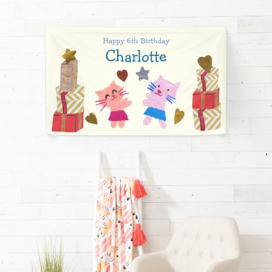 愛らしい猫をモチーフにした子供の誕生日ライトイエロー 横断幕 (インサイチュ)