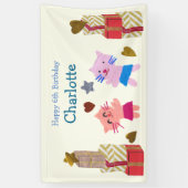 愛らしい猫をモチーフにした子供の誕生日ライトイエロー 横断幕 (縦)