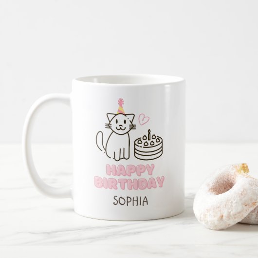 愛らしい猫を誕生日帽子 コーヒーマグカップ (ドーナツ)