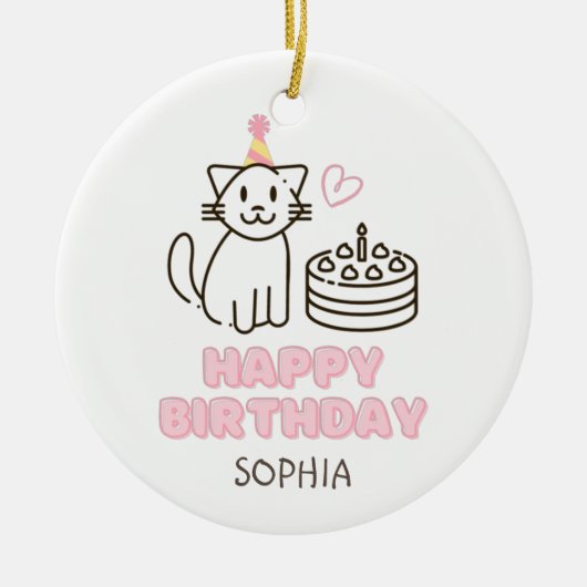 愛らしい猫を誕生日帽子 セラミックオーナメント (正面)