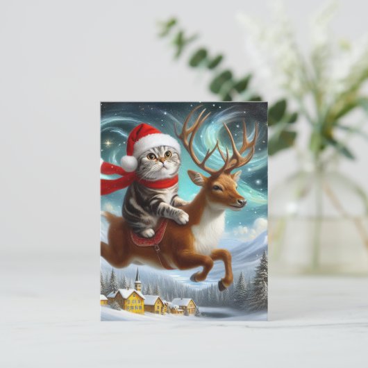 愛らしい猫サンタとトナカイのクリスマス ポストカード (スタンド正面)