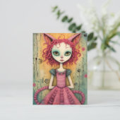 愛らしい猫レディーミックスメディアコラージュ ポストカード (スタンド正面)