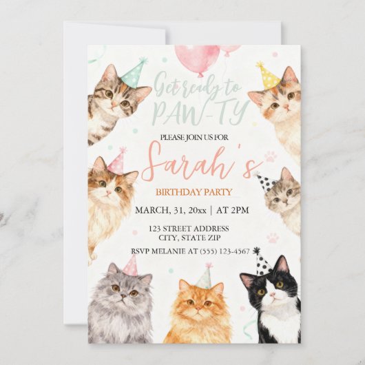 愛らしい猫子供の誕生日 招待状 (正面)