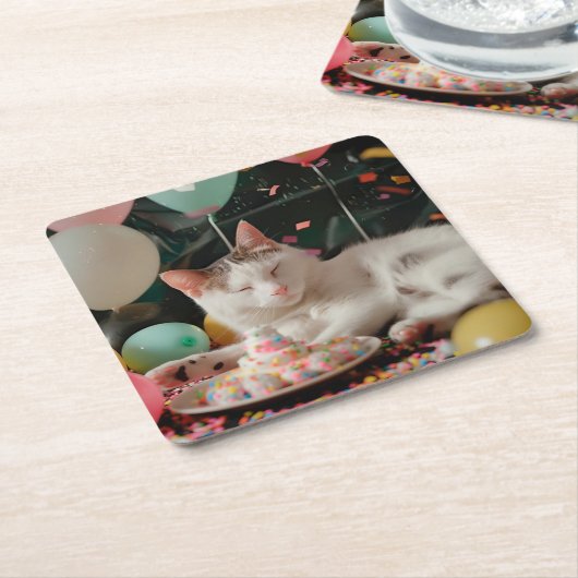 愛らしい猫誕生祝いデザイン スクエアペーパーコースター (アングル)
