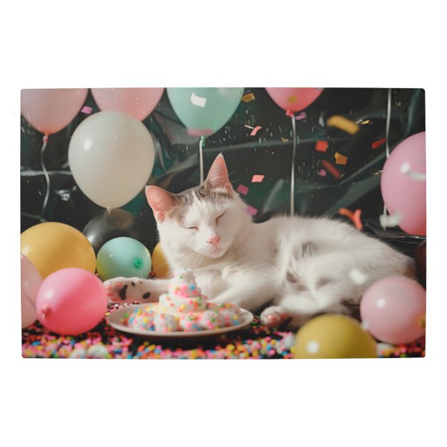 愛らしい猫誕生祝いデザイン メタルプリント (正面)