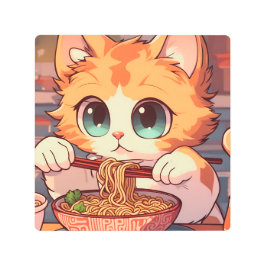 愛らしい猫食べラーメン メタルプリント