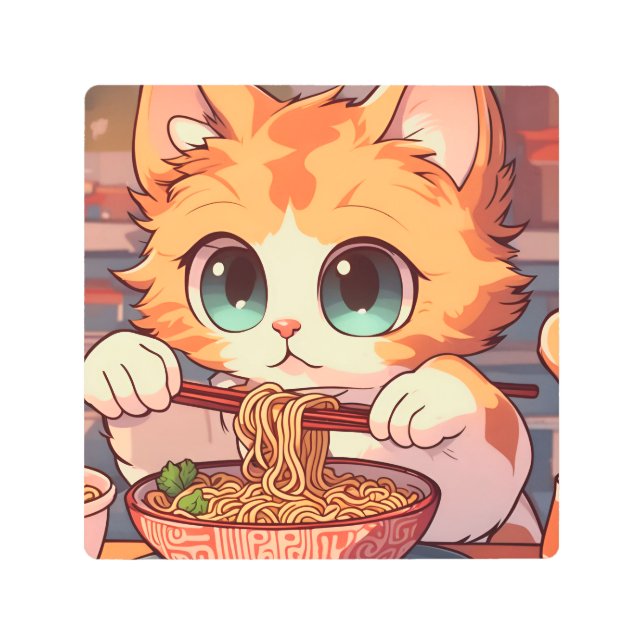 愛らしい猫食べラーメン メタルプリント (正面)