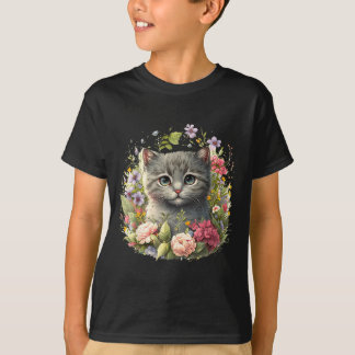 愛らしい猫 かわいい子猫 花柄png tシャツ