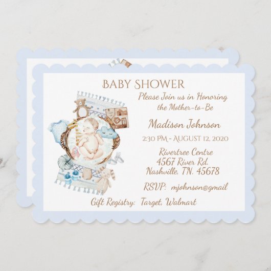 愛らしい生まれたばかりのブルー男の赤ちゃんシャワー 招待状 (正面/裏面)