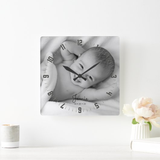 愛らしい生まれたばかりのベビーフォト子供部屋スクエアウォールCl スクエア壁時計 (ホーム)