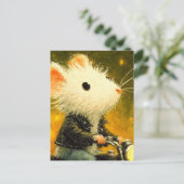 愛らしい白いネズミが黒でバイクに乗る ポストカード (スタンド正面)