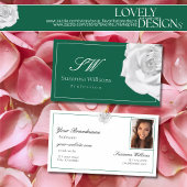 愛らしい白いバラの緑とイニシャル写真 名刺