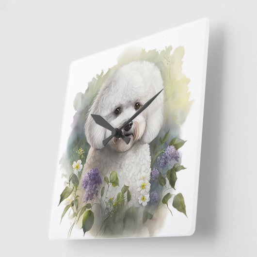 愛らしい白いビコンフリーズの花付き犬 スクエア壁時計 (傾斜)