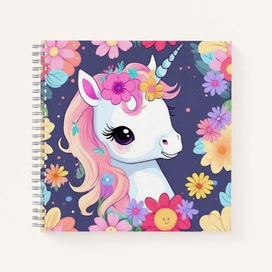 愛らしい白いベイビー unicorn と花 ノートブック (正面)
