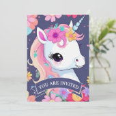 愛らしい白いベイビー unicorn と花 招待状 (スタンド正面)