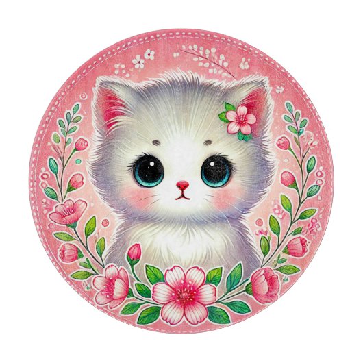 愛らしい白い子猫とピンクの花 カッティングボード (正面)
