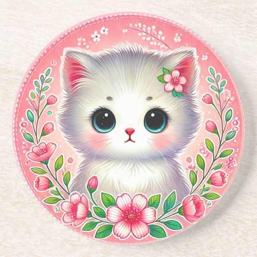 愛らしい白い子猫とピンクの花 コースター (正面)
