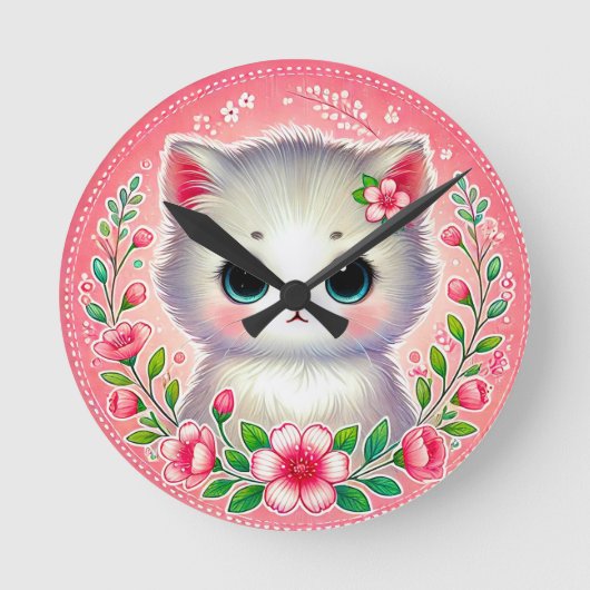 愛らしい白い子猫とピンクの花 ラウンド壁時計 (正面)