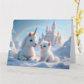 愛らしい白い子猫と赤ちゃんユニコーン カード (黄色い花)