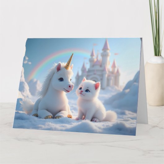 愛らしい白い子猫と赤ちゃんユニコーン カード (正面)