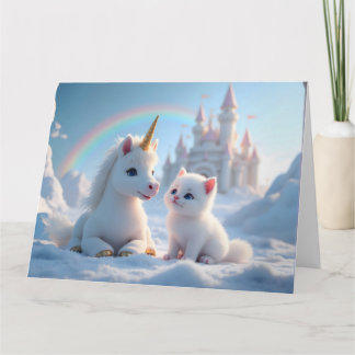 愛らしい白い子猫と赤ちゃんユニコーン カード