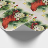 愛らしい白い子猫を赤いストッキングサテンボウ ラッピングペーパー (角)
