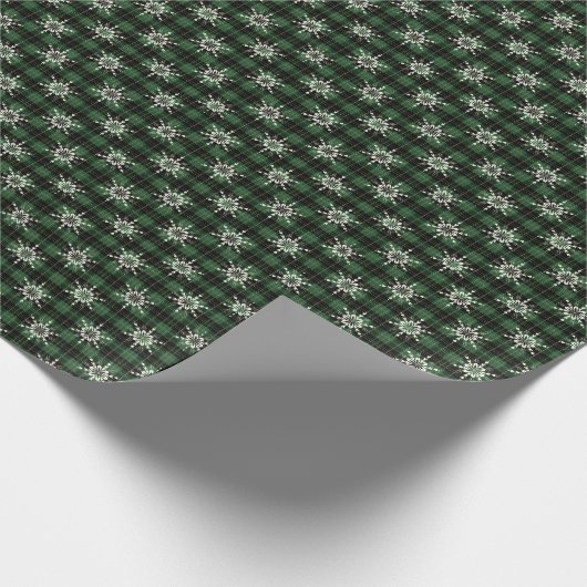 愛らしい白い雪片と緑と黒の格子模様 ラッピングペーパー (角)