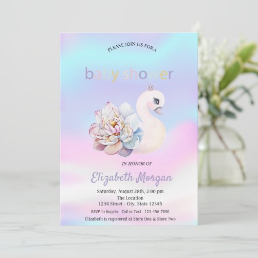 愛らしい白鳥の花ホログラフィック赤ちゃんシャワー 招待状 (スタンド正面)