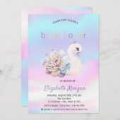 愛らしい白鳥の花ホログラフィック赤ちゃんシャワー 招待状 (正面/裏面)