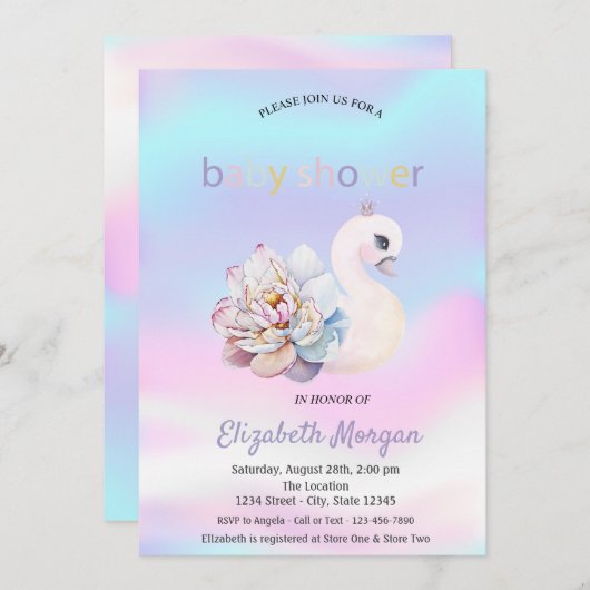 愛らしい白鳥の花ホログラフィック赤ちゃんシャワー 招待状 (正面/裏面)