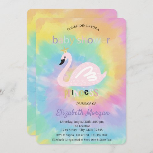 愛らしい白鳥絞り染めベビーシャワー 招待状 (正面/裏面)