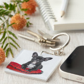 愛らしい白黒のブルドッグの子犬の写真 キーホルダー (正面右)