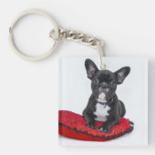 愛らしい白黒のブルドッグの子犬の写真 キーホルダー (正面)