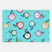 愛らしい目覚まし時計ブルーグリーンベージュパーティー ラッピングペーパーシート (正面)