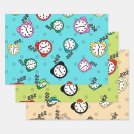 愛らしい目覚まし時計ブルーグリーンベージュパーティー ラッピングペーパーシート