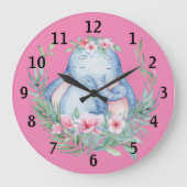 愛らしい眠い象PInkフローラベビー子供部屋 ラージ壁時計 (正面)
