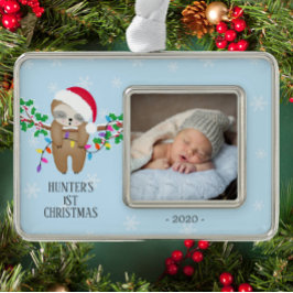 愛らしい眠るスロッス初めてのクリスマス写真 シルバープレートフレームオーナメント