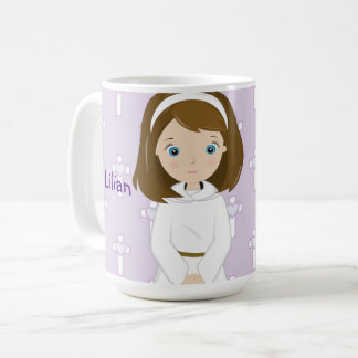 愛らしい確認日女の子のブルネットのマグ コーヒーマグカップ