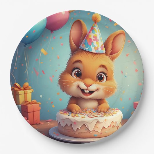 愛らしい祝バニーの誕生日とケーキ ペーパープレート (正面)