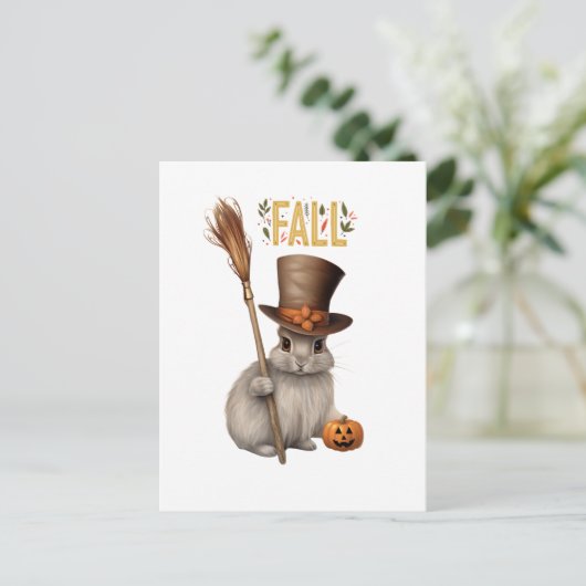 愛らしい秋バニーと箒かわいい秋のウサギ シーズンポストカード (スタンド正面)