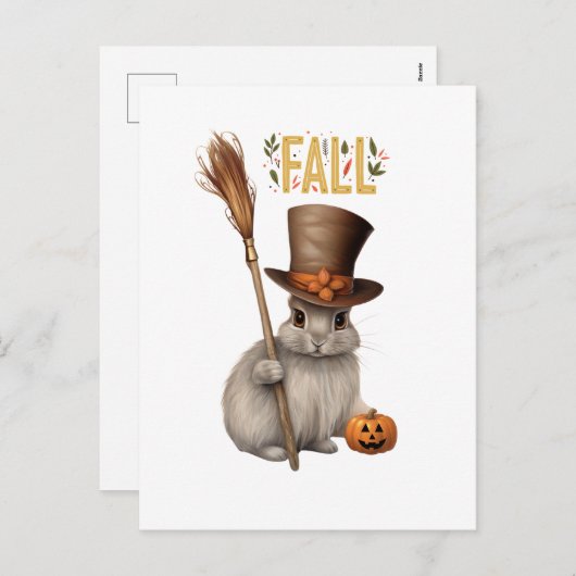 愛らしい秋バニーと箒かわいい秋のウサギ シーズンポストカード (正面/裏面)
