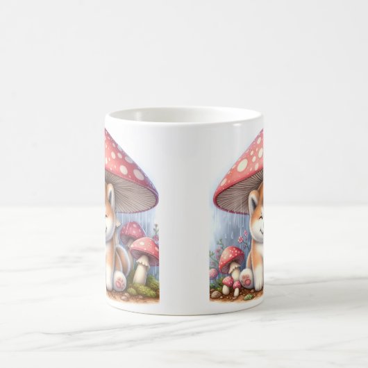 愛らしい秋田犬のキノコ傘の下の子犬 コーヒーマグカップ (中央)