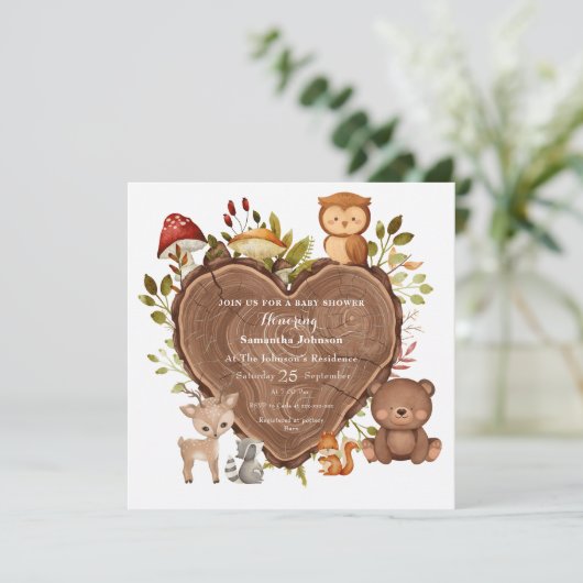 愛らしい素朴な森林動物の赤ちゃんシャワー 招待状 (スタンド正面)