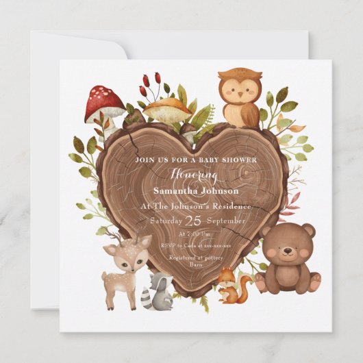 愛らしい素朴な森林動物の赤ちゃんシャワー 招待状 (正面)