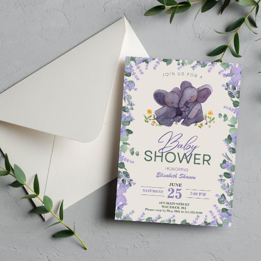 愛らしい紫と緑のフローラゾウベビーショーウ 招待状