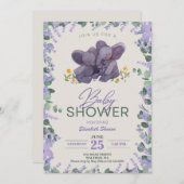 愛らしい紫と緑のフローラゾウベビーショーウ 招待状 (正面/裏面)