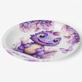 愛らしい紫色の恐竜フローラ女の子ベビーシャワー ペーパープレート (アングル)