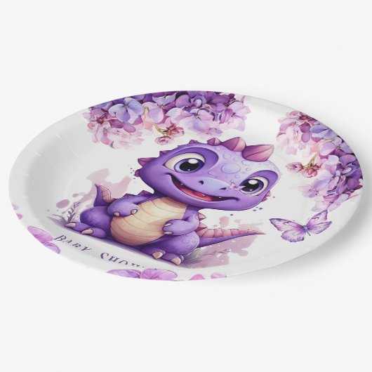 愛らしい紫色の恐竜フローラ女の子ベビーシャワー ペーパープレート (アングル)